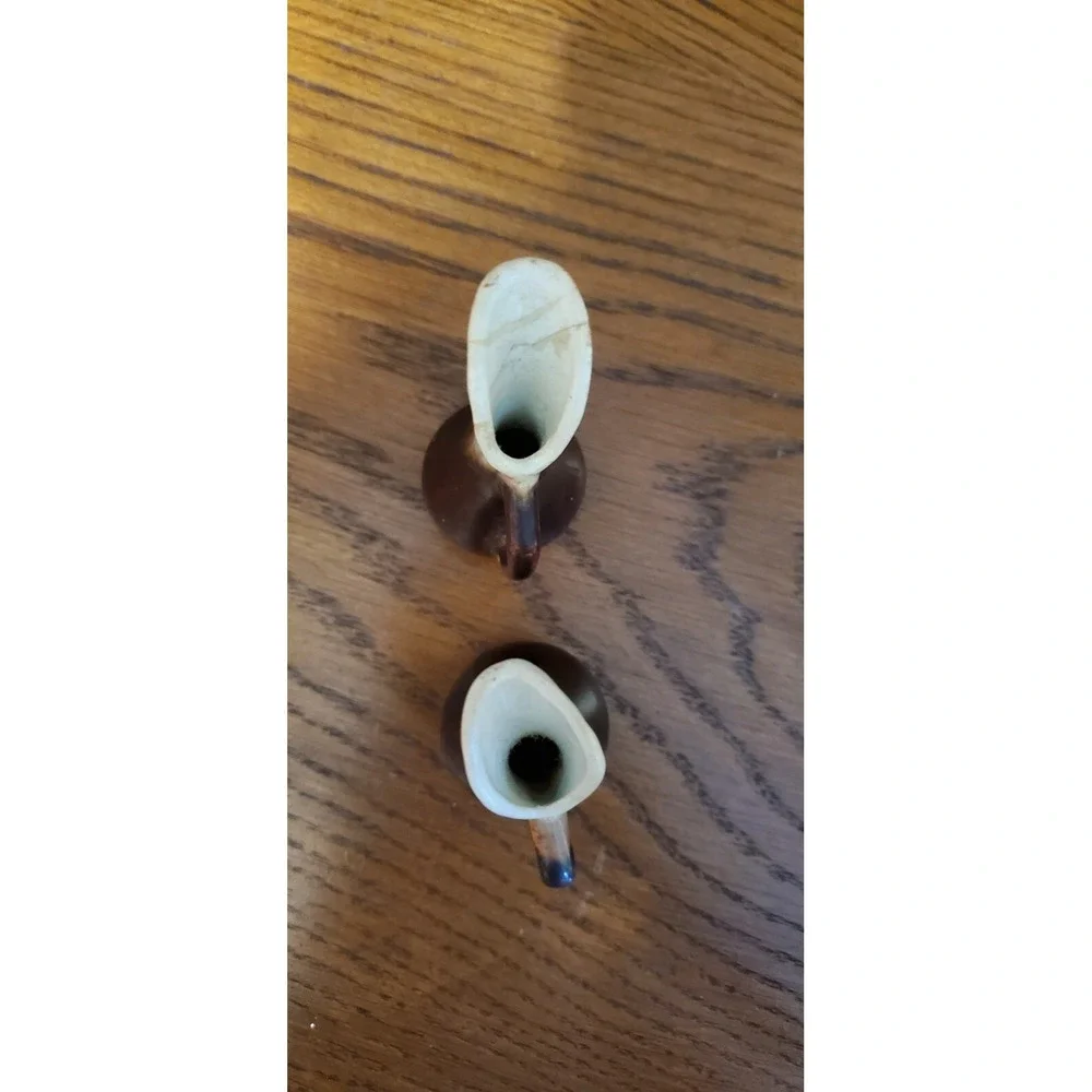 Vintage Victoria Stonewear Brown White Bud Vases With Handles Signature Sticker‎